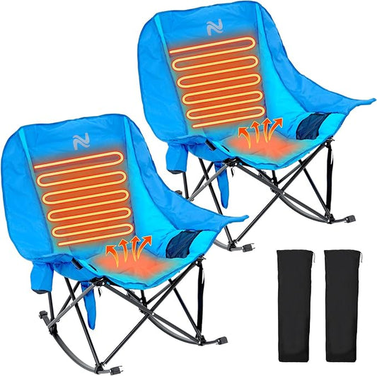 Begonia.K Oversized Heated Rocking Camping Chair - 400lbs Capacity Padded Camping Recliner w/ 3 Levels Back Seat Heat - Folding Lawn Chair with Side Pockets for Camp Patio Backyard