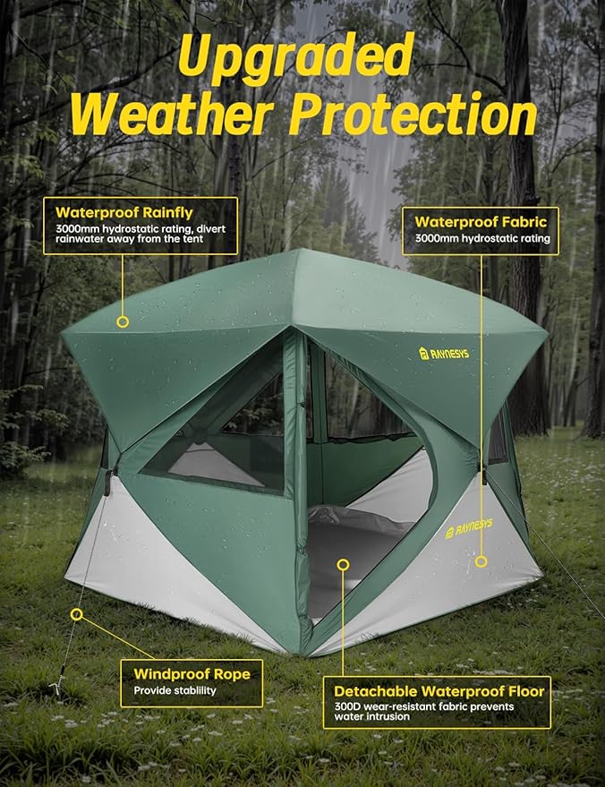 Camping Tent, 4 Person Tent for Camping, Setup in 60 Seconds, 4 Person Pop up Tents, Hub Tents, Water-Resistant, Windproof, Instant Cabin Tents with Rainfly & Carry Bag for Outdoor Camping