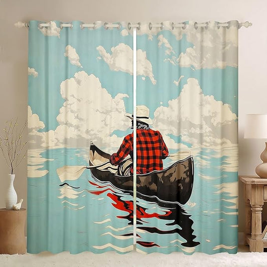 Manfei Go Boating Blackout Curtains,Rowing Boat Lake Adventure Boys Girls Room Decor,Row Paddle Cloud Natural Window Drapes,Teal 2 Panels,52Wx96L inch