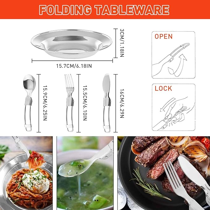 Camping Cookware Camping Cooking Set, Non-Stick Pots and Pans with Kettle, 2 Stainless Steel Plates, 2 Water Cups, 2 Sets of Knives and Forks, Spatula, Dish Towel, Backpack Storage Bag