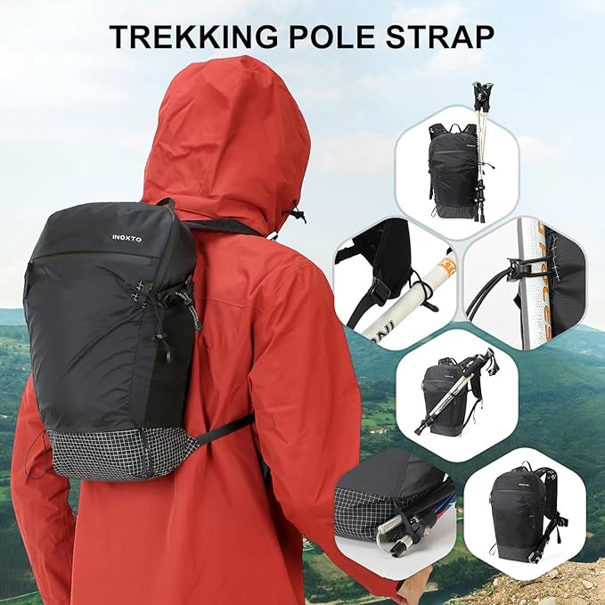 IX INOXTO Hiking Backpack 15L/22L Ultra Lightweight Packable Travel Backpack Small Waterproof Foldable Outdoor Day Pack with Two 500ML Soft flasks for Men Women (Black)
