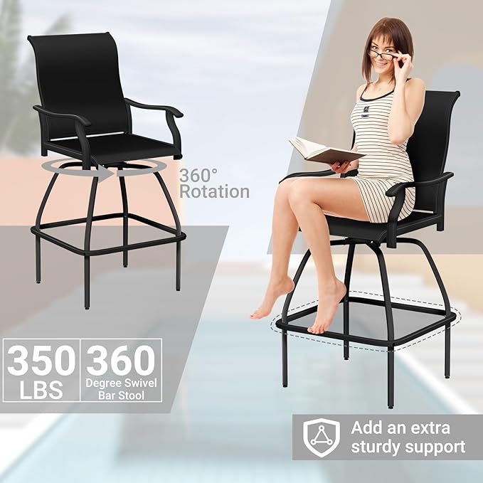 LEVELEVE Patio Bar Set 2pcs Swivel Bar Stools Outdoor Bistro Textilene Furniture Stability All-Weather Set (3, Black Padded)