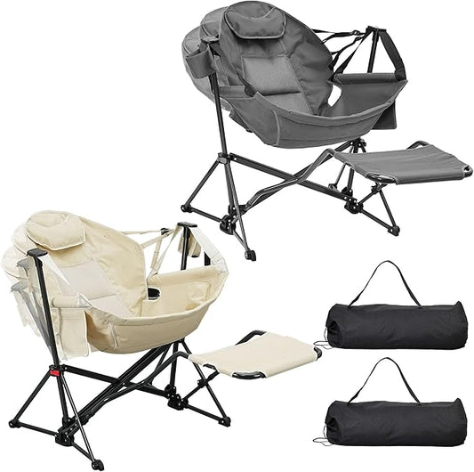 Ainfox Hammock Camping Chair with Footrest, Heavy Duty Foldable Portable Rocking Hammock Chairs Outside Swinging Camp with Cup Holder Pillow for Outdoor Patio Poolside Beige Grey