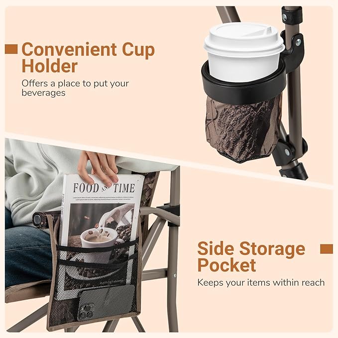 Goplus Folding Camping Chair, 400 LBS Support Lawn Chair w/Armrests with Covers, Cup Holder & Storage Pocket, Adjustable Feet, Portable Camp Chair with Carrying Bag, for Fishing Hunting Picnic (1)