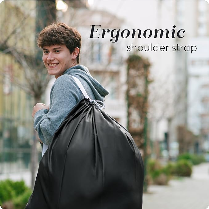 Handy Laundry Bag Shoulder Strap - Pack of 2 Drawstring Locking Closure, Durable Nylon Material, Large Capacity, Heavy Duty Stitching, Perfect for Laundromat or College Dorm (Black, 30" x 40")
