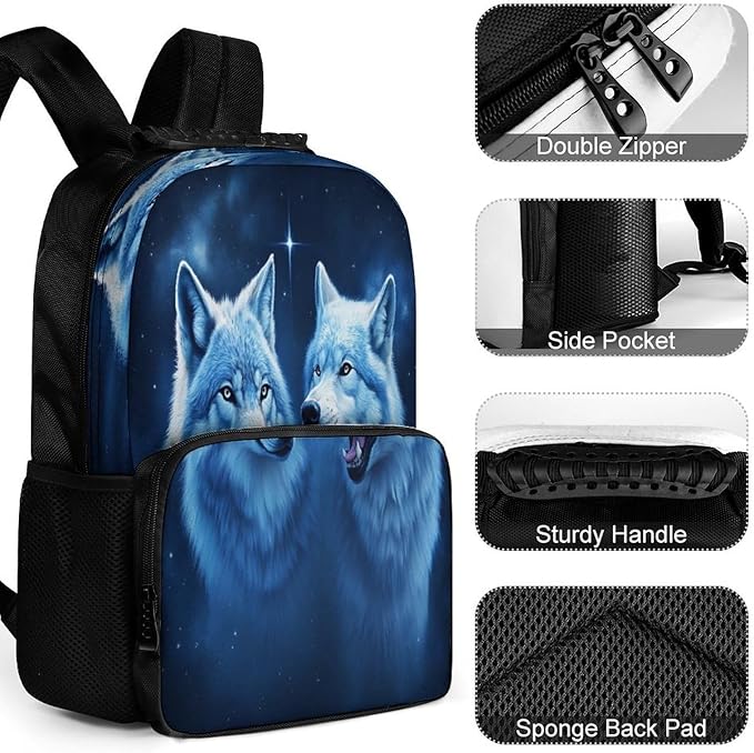 Polyester Daypack Bookbag for Gym Business Bicycle, Large Capacity Multipurpose Anti-Theft Carry On Bag, White Wolves Painting Art Travel Hiking Daypack