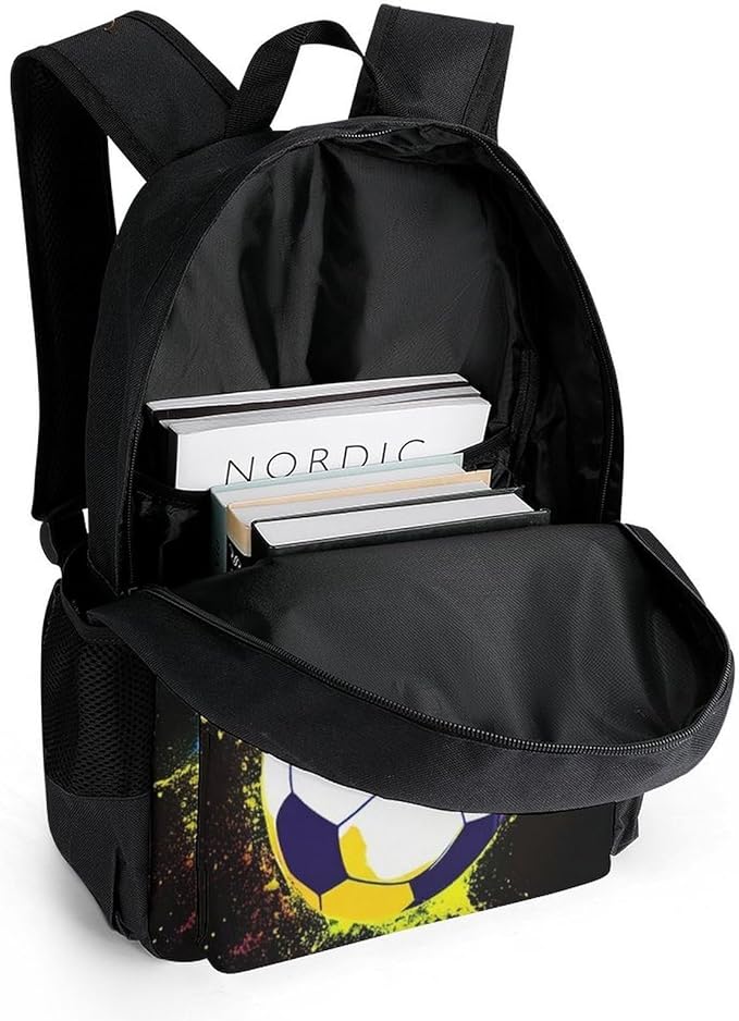Supdreamc Men Women Lightweight Colorful Paint Splash Ink Soccer Ball Football Black Backpack Large Capacity Bookbag With Smooth Zippers for Gym Business Running