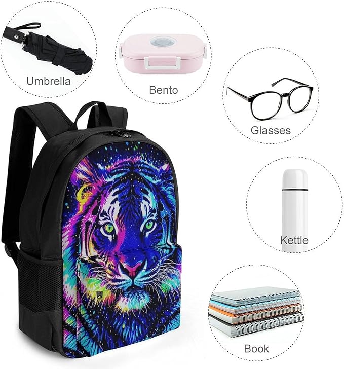 Supdreamc Lightweight Daypack Bookbag for Trekking Business Walking Cycling, Big Capacity Anti-Theft Multipurpose Carry On Bag, Abstract Colorful Tiger Art Business Computer Bag