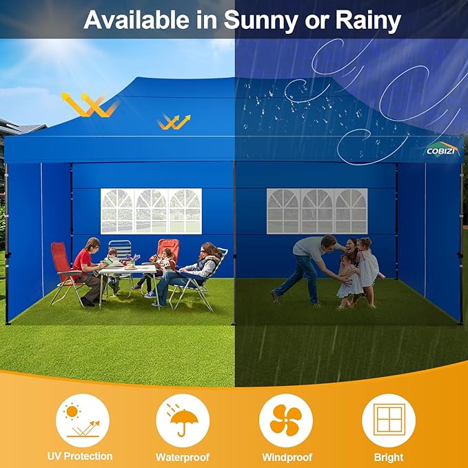 COBIZI 10x20 Pop up Canopy Tent 10x20 Canopy with 6 Sidewalls Waterproof Heavy Duty Commercial Canopy Tent for Parties Outdoor Garden Gazebo, Carry Bag with Wheel(10x20ft, Blue)