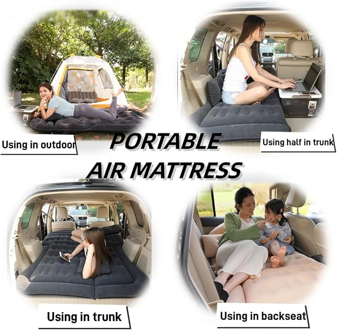SUV Air Mattress Car Bed Inflatable Mattress for Truck Backseat - Portable Air Mattress with Flocking Surface and Pillows Foldable Air Bed for Home Tent Camping Travel - Light Grey