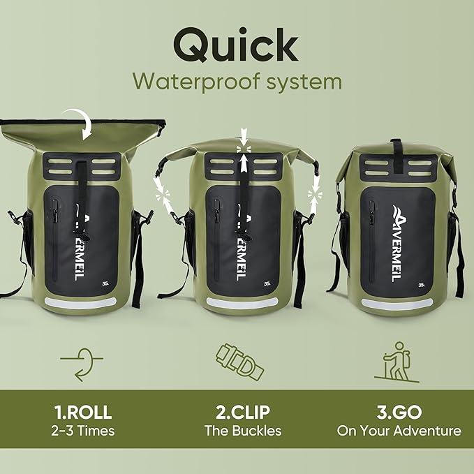 Dry Bag Waterproof Backpack 35L for Men & Women Roll-Top Hiking Backpack with IPX8 Waterproof Phone Case for Kayaking Boating Cushioned Padded Back Green