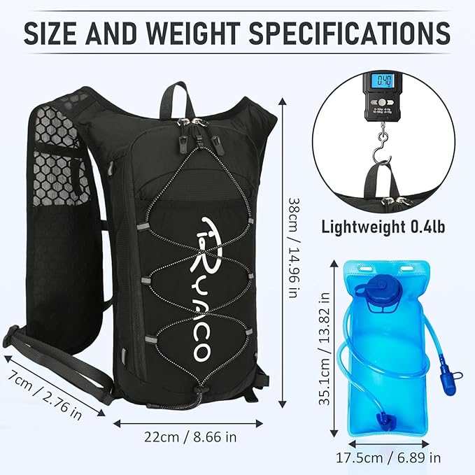 RYACO Lightweight Hydration Backpack, Running Backpack with 2L Water Bladder, Hiking Hydration Water Daypack for Cycling Rave for Men Women