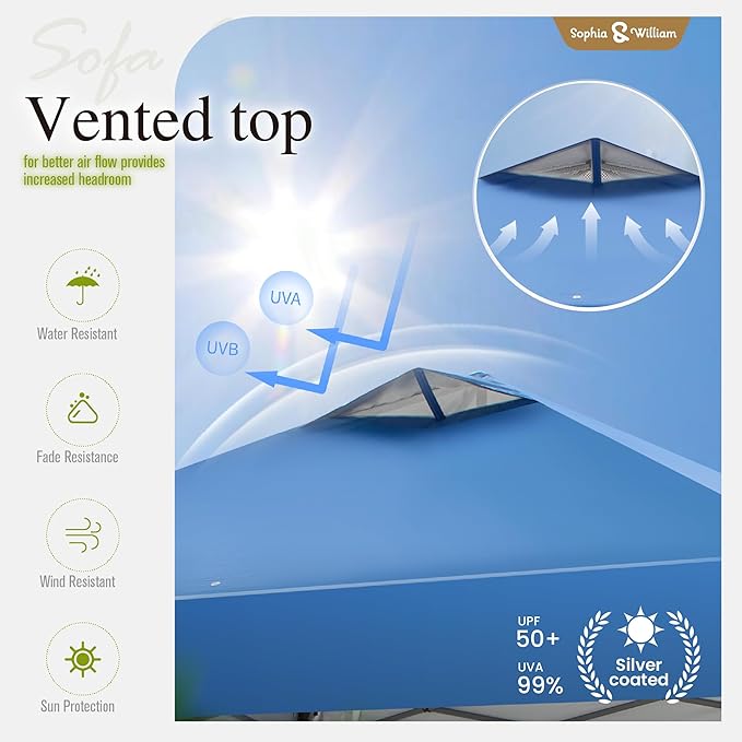 Canopy Tent Pop Up 10x10 ft One Person Push Set Up Tent, Outdoor Canopies Shelter Heavy Duty Straight Legs with 1 Sidewall & 4 Sandbags, 1 Roller Bag & Storage Bag, 8 Stakes & 4 Guy Ropes UPF50+, Blue