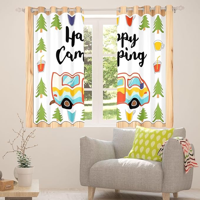 Erosebridal Camping Adventure Rv Blackout Curtains for Bedroom Living Room Happy Camping Window Curtains 2 Panels 42" Wx90 L Forest Camp Drapes,Pastoral Lodge Cabin Window Treatments