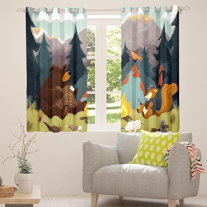 Feelyou Happy Camping Blackout Curtains Cute Bear Fox Animal Darkening Drapes for Bedroom Living Room Decor Camper Theme Thermal Insulated Shades Window Treatments, 2 Panels 52 x 84 Inch