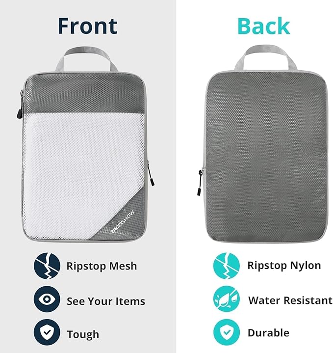 7 Set Compression Packing Cubes for Travel - Compressible, Lightweight, and Space-Saving Packing Cubes, Travel Essentials for Women, Grey