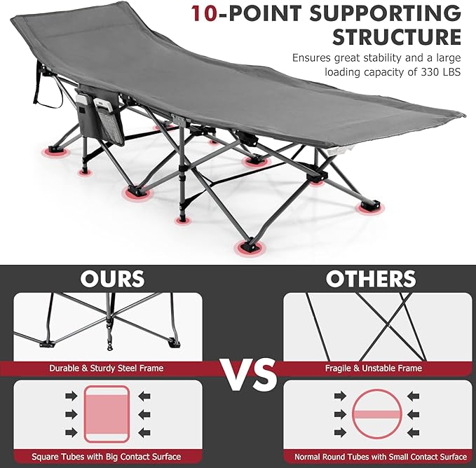 Tangkula Camping Cot for Adults, Folding Sleeping Cot with Removable Mattress, Pillow, Side Pocket, Portable Indoor Outdoor Cot Bed with Carry Bags for Travel, Camp, Office, Home (Grey)