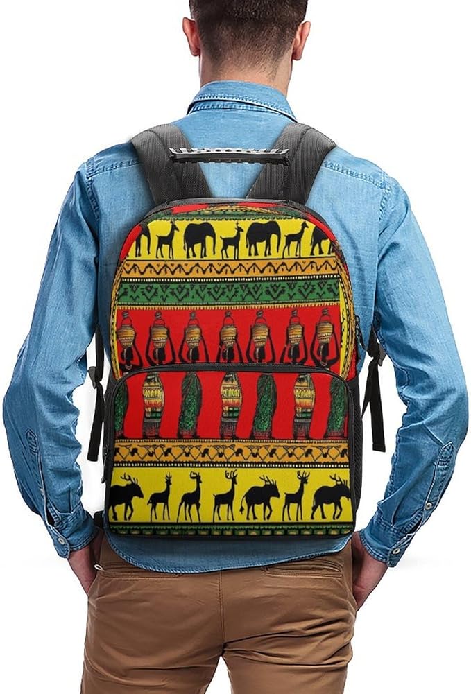 Polyester Daypack Backpack for Sports Travel Running, Big Capacity Anti-Theft Multipurpose Carry On Bag, Ethnic Tribal African Black Women Deer Elephants Art Laptop Book Bag Rucksack