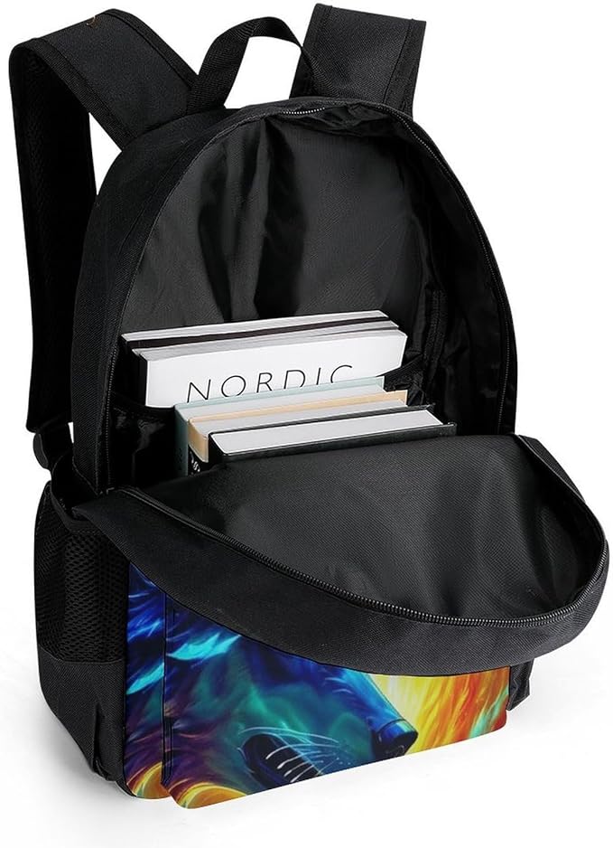 Supdreamc Men Women Polyester Ice And Fire Flaming Cool Wolf Daypack Big Capacity Shoulder Bag With Smooth Zippers for Hiking Work Walking Cycling