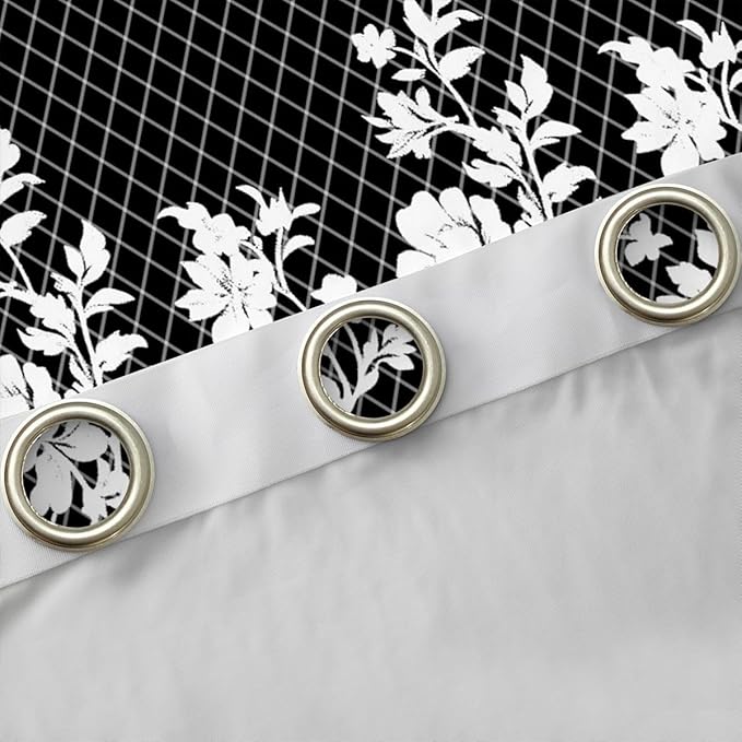 Manfei White Floral Blackout Curtains Boho Vintage Flower Window Drapes,Black Diamond Grid Print Window Treatments,Kids Boys Girls Room Decor,Grommet Top 2 Panel Set Bedroom Curtains, 42Wx90L inch