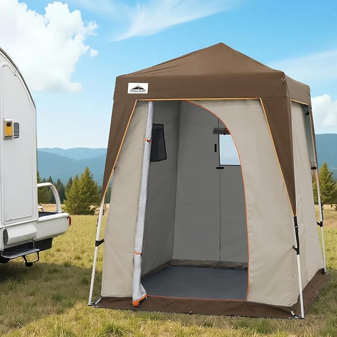 EAGLE PEAK 5x5 Pop Up Privacy Tent with Ground Mat, Portable Changing Room & Outdoor Shower Tent, Portable Canopy for Camping, Pool, Photoshoots or Toilet Shelters 6x6 Base 5x5 Top (Beige/Brown)
