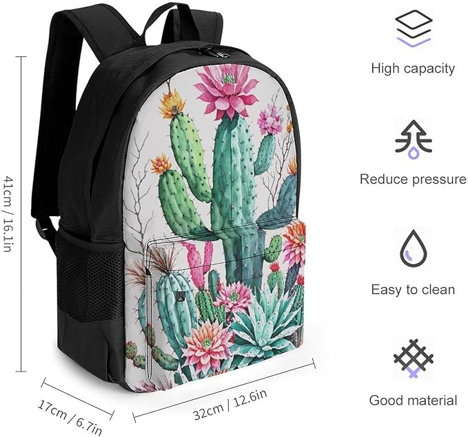 Men Women Polyester Natural Vintage Watercolor Bouquet Boho Style Cactus Succulent Flowers Twigs Daypack Backpack Large Capacity Carry On Bag With Smooth Zippers for Hiking Picnic Walking Cycling