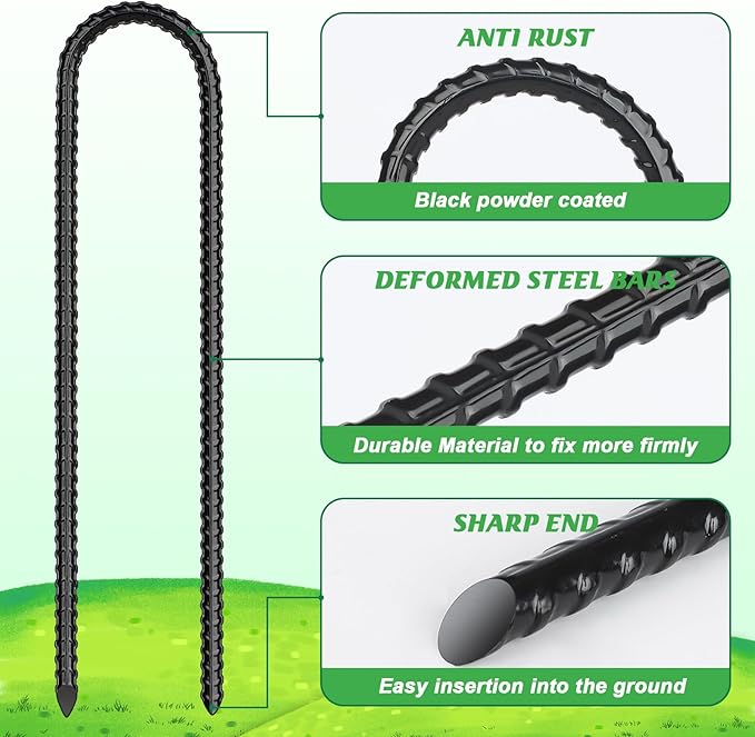 Gtongoko Trampolines Wind Stakes 8 Pack 12 Inch,Heavy Duty U Shaped Rebar Tent Stakes Ground Anchors Galvanized Steel Safety Trampoline Anchors for Camping Tents, Soccer Goals