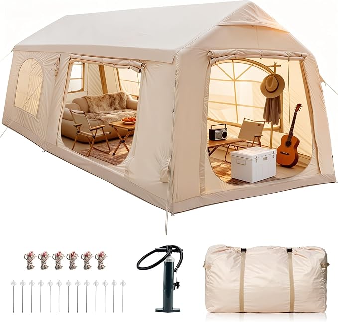 Inflatable Tents for Camping, Blow Up Tent with Hand Pump, Easy Setup Inflatable Hot Tent with Stove Jack, Waterproof Oxford Air Glamping Tents for Camping Adult 4 Person Upgrade Version