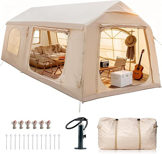 Inflatable Tents for Camping, Blow Up Tent with Hand Pump, Easy Setup Inflatable Hot Tent with Stove Jack, Waterproof Oxford Air Glamping Tents for Camping Adult 4 Person Upgrade Version