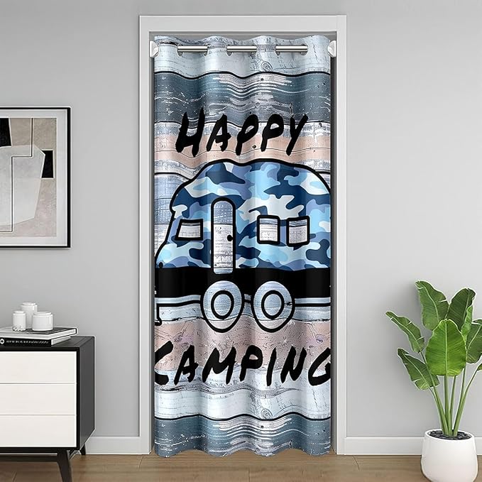 Camper Adventure Door Curtain,RV Trailer Pine Tree Natural Rustic Blackout Curtain,Wooden Plank Cottage Farmhouse Bedroom Doorway Living Room Decor,Camo Blue Privacy Door Drape 1 Panel,52" W X 80" L