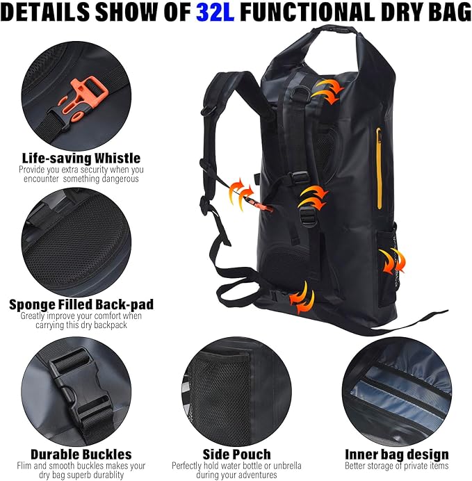 Blueshyhall 32L Waterproof Dry Backpack, Roll Top Sack Storage Bag for Travel Kayaking Rafting Boating Fishing Camping, Black