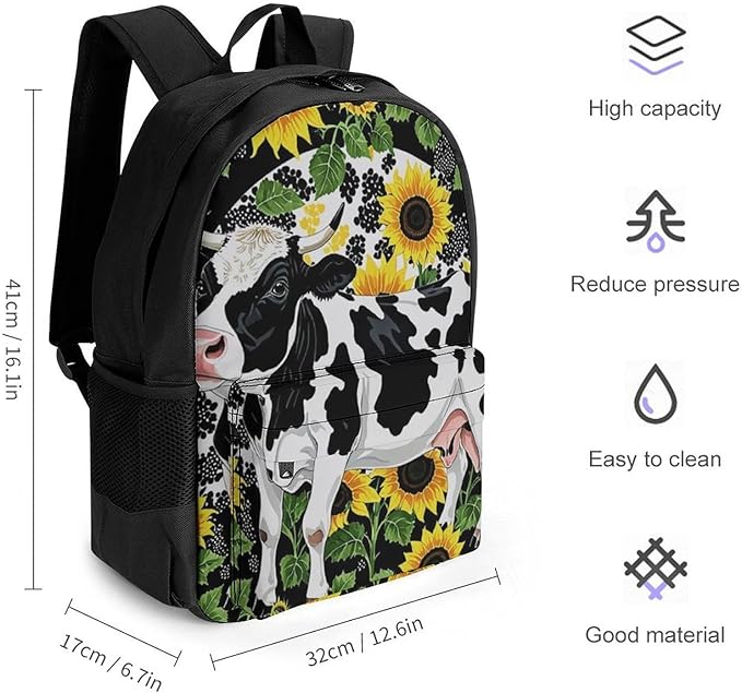 Supdreamc Polyester Daypack Backpack for Trekking Picnic Walking Cycling, Large Capacity Anti-Theft Multipurpose Shoulder Bag, Farm Cow Sunflower Print Casual Daypack