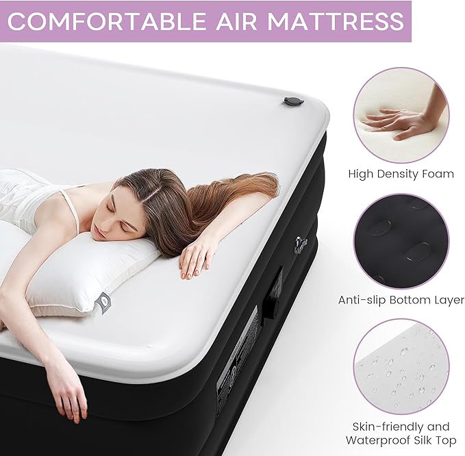 Queen Air Mattress,17” Inflatable Blow Up Bed with High Capacity Built in Pump, Soft Milk Fiber Topper. 900 Lb. Limit, for Home, Camping, Guests