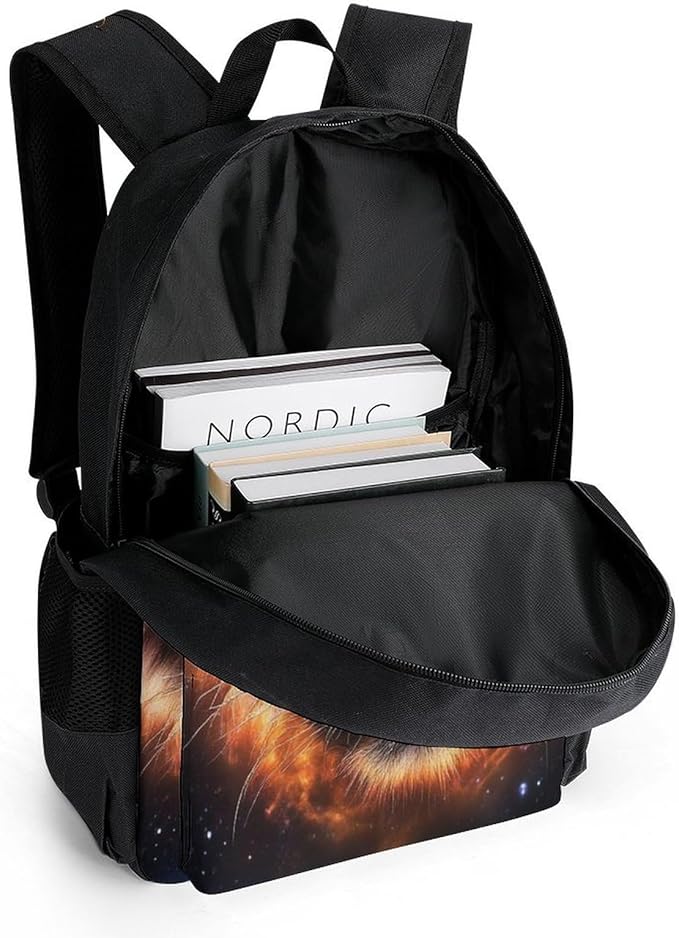 Backpack Polyester Anti-Theft Multipurpose Space Fire Flame Animal King Wild Angry Tiger Bookbag Large Capacity Laptop Book Bag Rucksack With Side Pockets