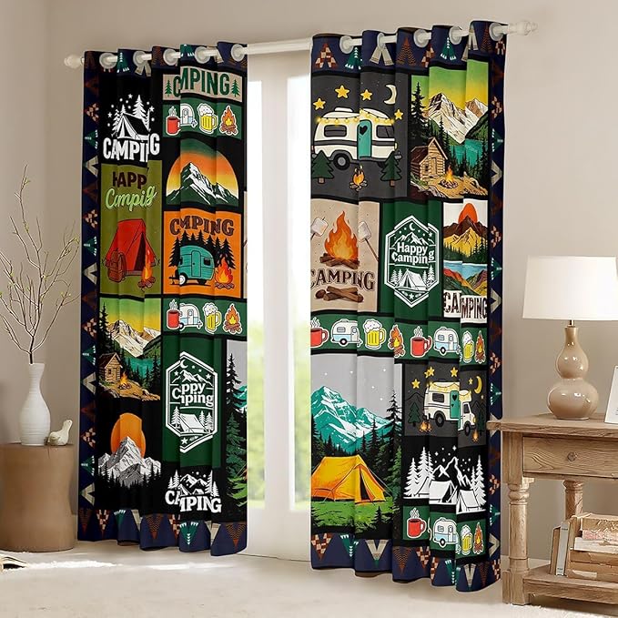 jejeloiu Happy Camping Curtains for Bedroom Living Room RV Camping Blackout Darkening Drapes Campfire Window Treatments, 2 Panels 42 x 90 Inch Patchwork Room Decor