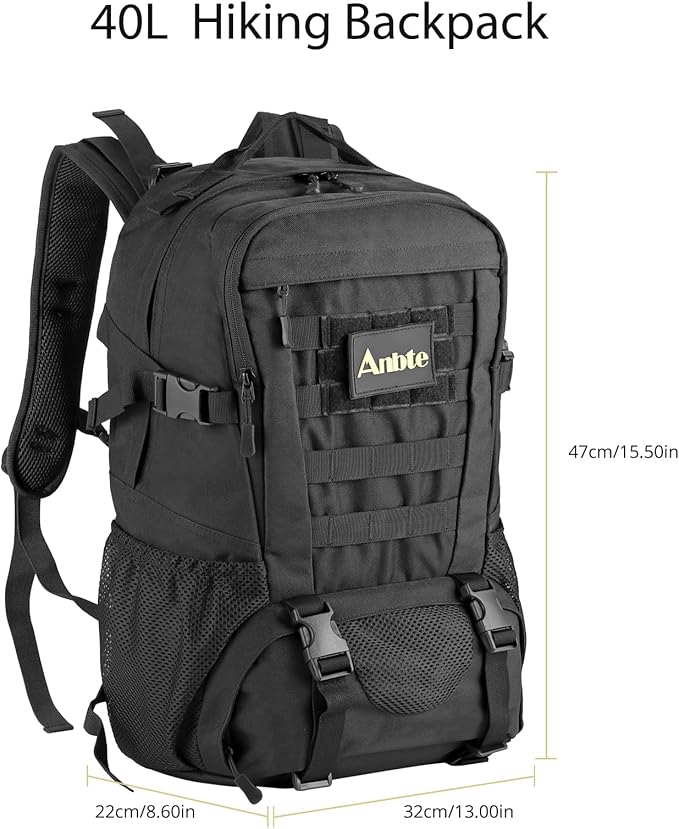 Anbte 40 L Waterproof Lightweight Tactical Backpack, MOLLE System, Comfortable Design for Camping, Hiking, Cycling & Travel, Durable Outdoor Day Pack for Men & Women (Black)
