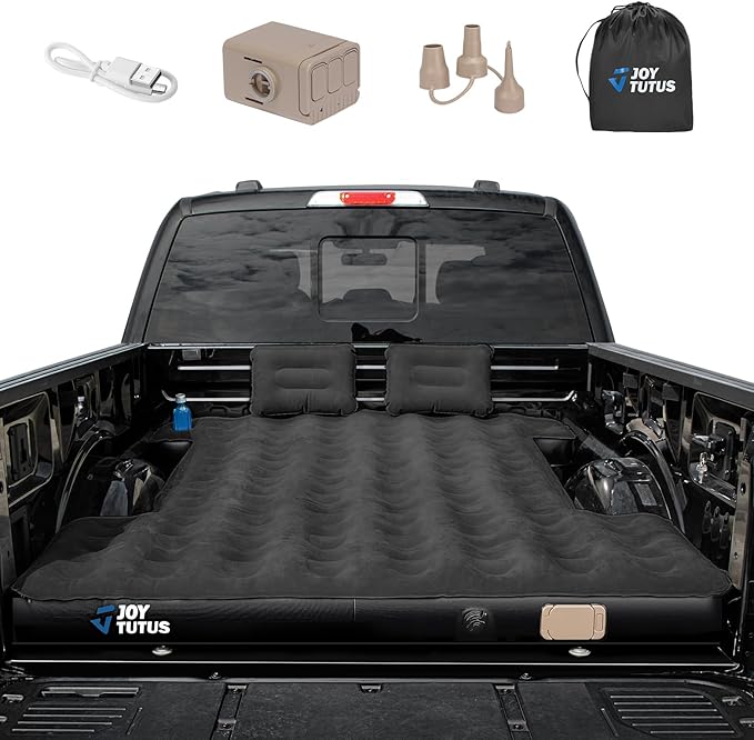 JOYTUTUS Truck Bed Air Mattress for 5.5-5.8Ft with Built-in Air Pump,Full Size Short Beds Inflatable Mattress for Outdoor Camping, with Carry Bag & Cup Holder, Black