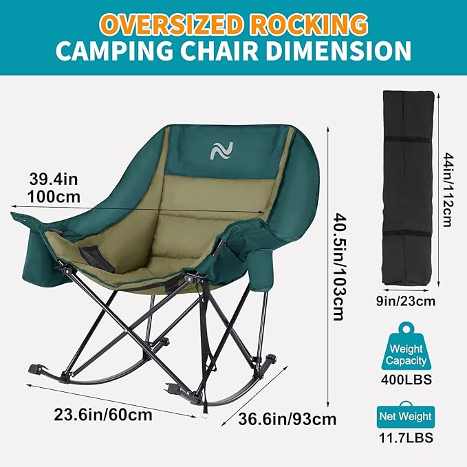 Oversized Rocking Camping Chair for Adults - 330lbs Capacity Heavy Duty Padded Recliner - Folding Lawn Chair with Cooler Bag and Pockets - Portable Rocker Chair Outdoor for Camp Patio Backyard