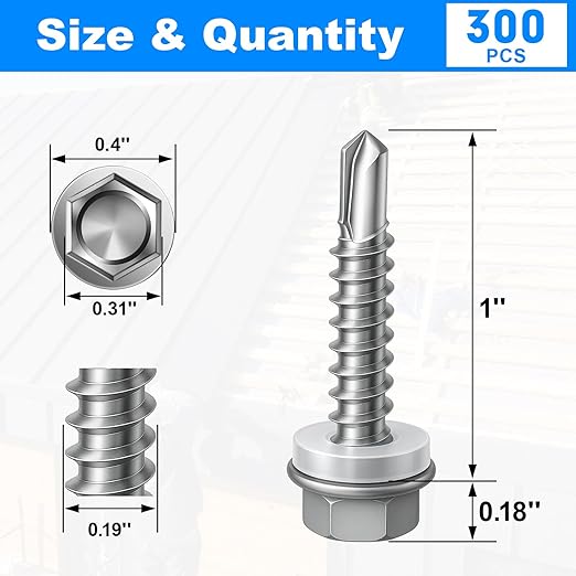 300Pcs Self Tapping Screws, Sheet Metal Screws #10x1, Self Drilling Screws for Metal with Hex Washer Head