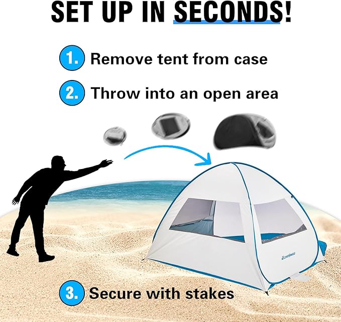 EchoSmile Pop Up Beach Tent for 4 Person Family, UPF 50+ Sun Shelter & Waterproof Beach Shade for Kids, Automatic Easy Setup Portable Cabana for Outdoor Travel（Light Blue）
