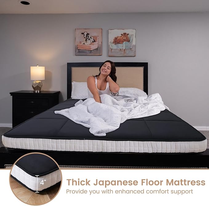 DoCred Full Size Japanese Futon Floor Mattress, Extra Thick Futon Mattress, Foldable Japanese Floor Mattress for Adults, Breathable Memory Foam Sleeping Pad, Roll Up Tatami Mat for Guest Room