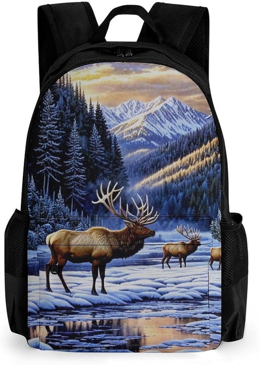 Supdreamc Daypack Backpack Anti-Theft Multipurpose Big Capacity Bookbag, Elk Winter Snow Business Computer Bag With Side Pockets