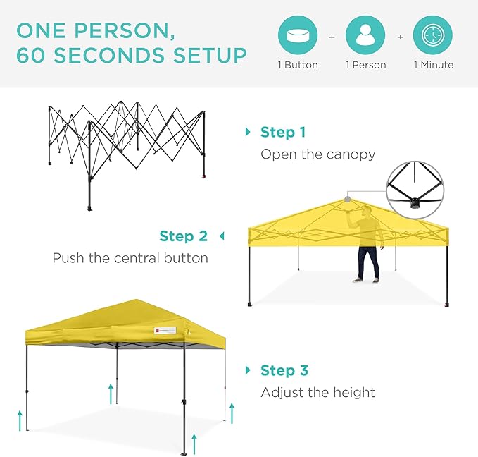 Best Choice Products 12x12ft Pop Up Canopy Tent, Outdoor Shade, 1 Person 1 Minute Set Up, Carry Case, 4 Weight Bags - Yellow