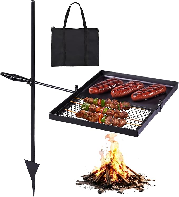 VINGLI Swivel Camping Firepit Grill, Foldable Campfire Steel Grate w/Griddle & Storage Bag, 360° Adjustable, Open Fire Outdoor Cooking Equipment, Parties, Activities, Families Use 32'' x 25''