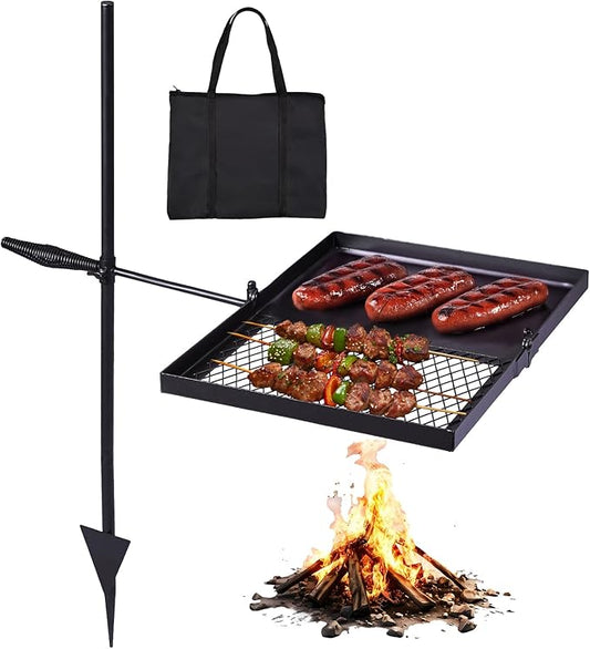VINGLI Swivel Camping Firepit Grill, Foldable Campfire Steel Grate w/Griddle & Storage Bag, 360° Adjustable, Open Fire Outdoor Cooking Equipment, Parties, Activities, Families Use 32'' x 25''