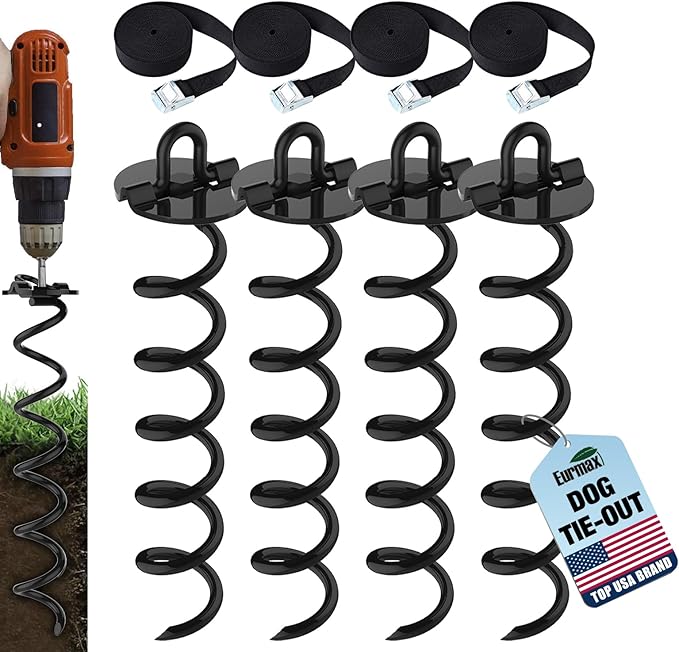 Eurmax USA 4-Pc Pack Spiral Stakes Heavy Duty Anchor Kit Ice Screw Anchor for Trampoline, Tents, tarps, Canopies,car Ports,Dog tie Out and etc Bonus Tie Down Straps 4-Pc Pack (Black)