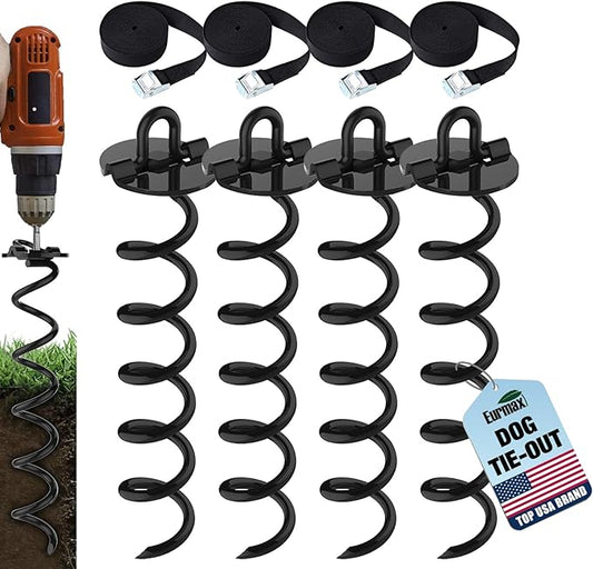 Eurmax USA 4-Pc Pack Spiral Stakes Heavy Duty Anchor Kit Ice Screw Anchor for Trampoline, Tents, tarps, Canopies,car Ports,Dog tie Out and etc Bonus Tie Down Straps 4-Pc Pack (Black)