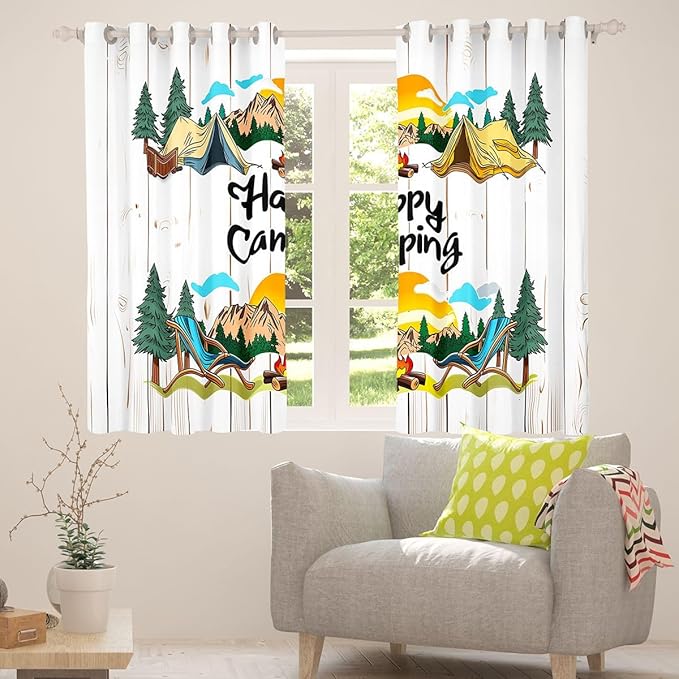 Erosebridal Happy Camping Window Curtains 42" Wx63 L Camper Adventure Blackout Curtains for Bedroom Living Room,Camping Lovers Window Treatments Wooden Plank Rustic Drapes Decor 2 Panels