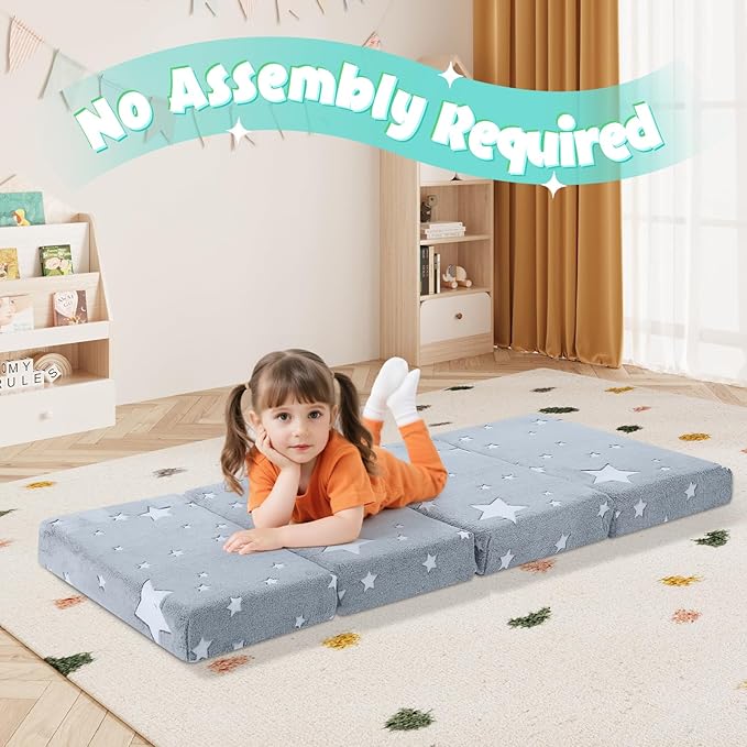 MeMoreCool Kids Folding Mattress, Trifold Mat Foldable Floor Mattress for Kids, 63x26 Portable Floor Mat with Washable Cover and Carry Bag, 4 Inch Foam Medium Firmness, Grey Star