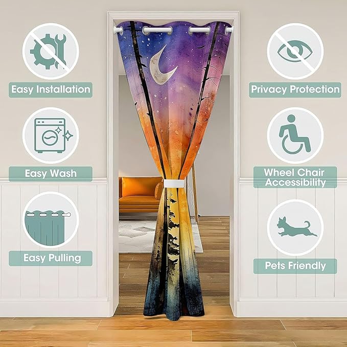 Happy Camping RV Door Curtain,Starry Sky Moonlight Pine Natural Blackout Curtain,Camper Rustic Farmhouse Adventure Bedroom Doorway Living Room Decor,Orange Privacy Door Drape 1 Panel,34" W X 80" L